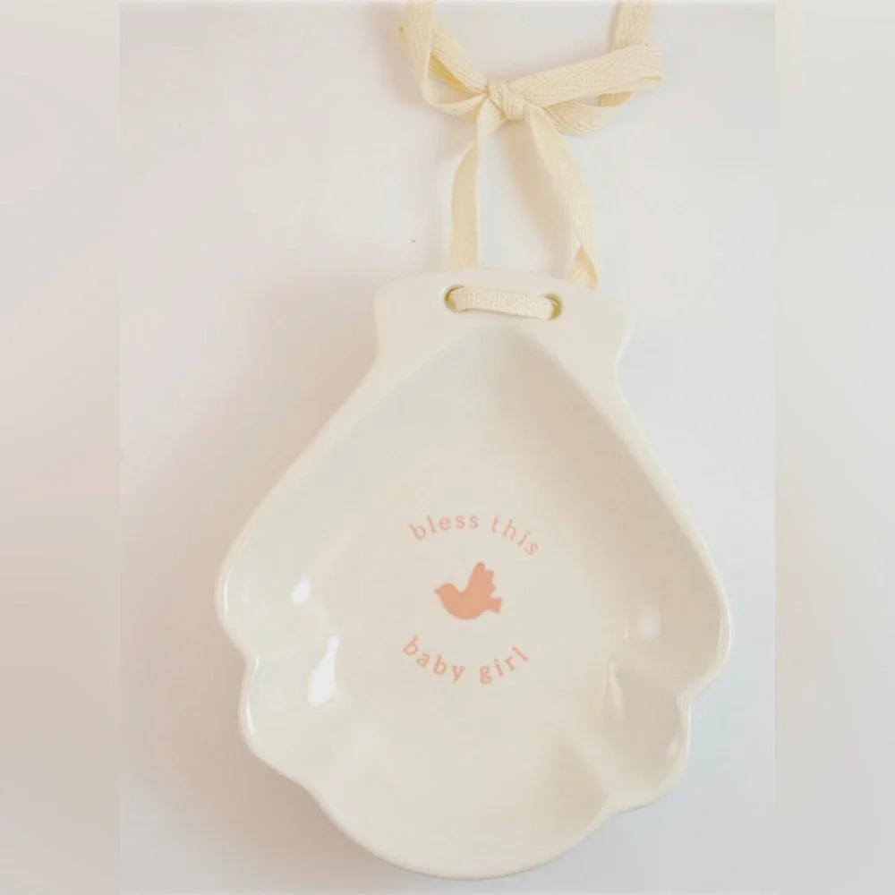 Demdaco cream and pink baby girl hanging ceramic dish